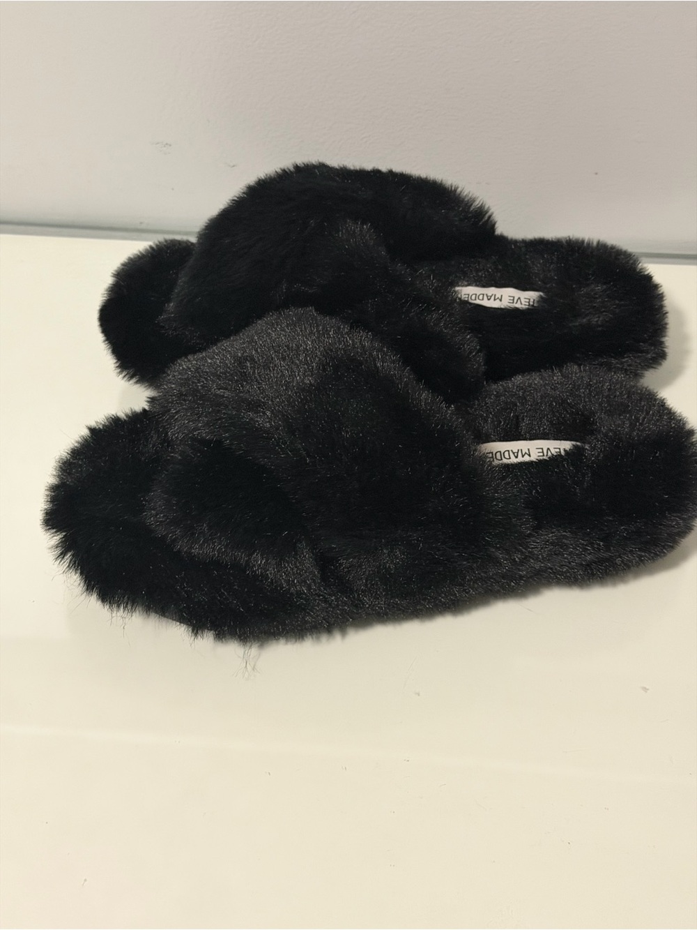 Steve Madden Black Plush Cross-Band Slide Slippers